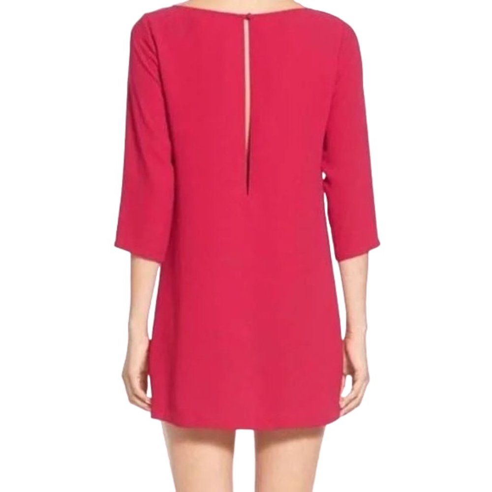FREE🌟Leith Nordstrom Hot Pink 3/4 Sleeve Boat Neck Keyhole Crepe Shift Dress - Picture 3 of 9